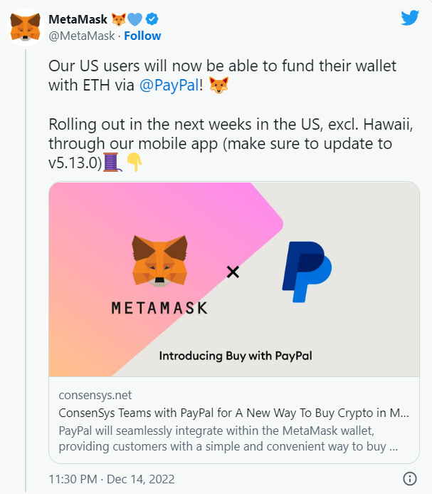 Metamask and PayPal Integration Announcement