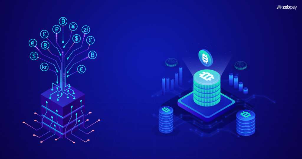 Illustration showing the differences between Yield Farming and Staking in cryptocurrency, with Yield Farming represented as a farm and Staking represented as a tree with roots.