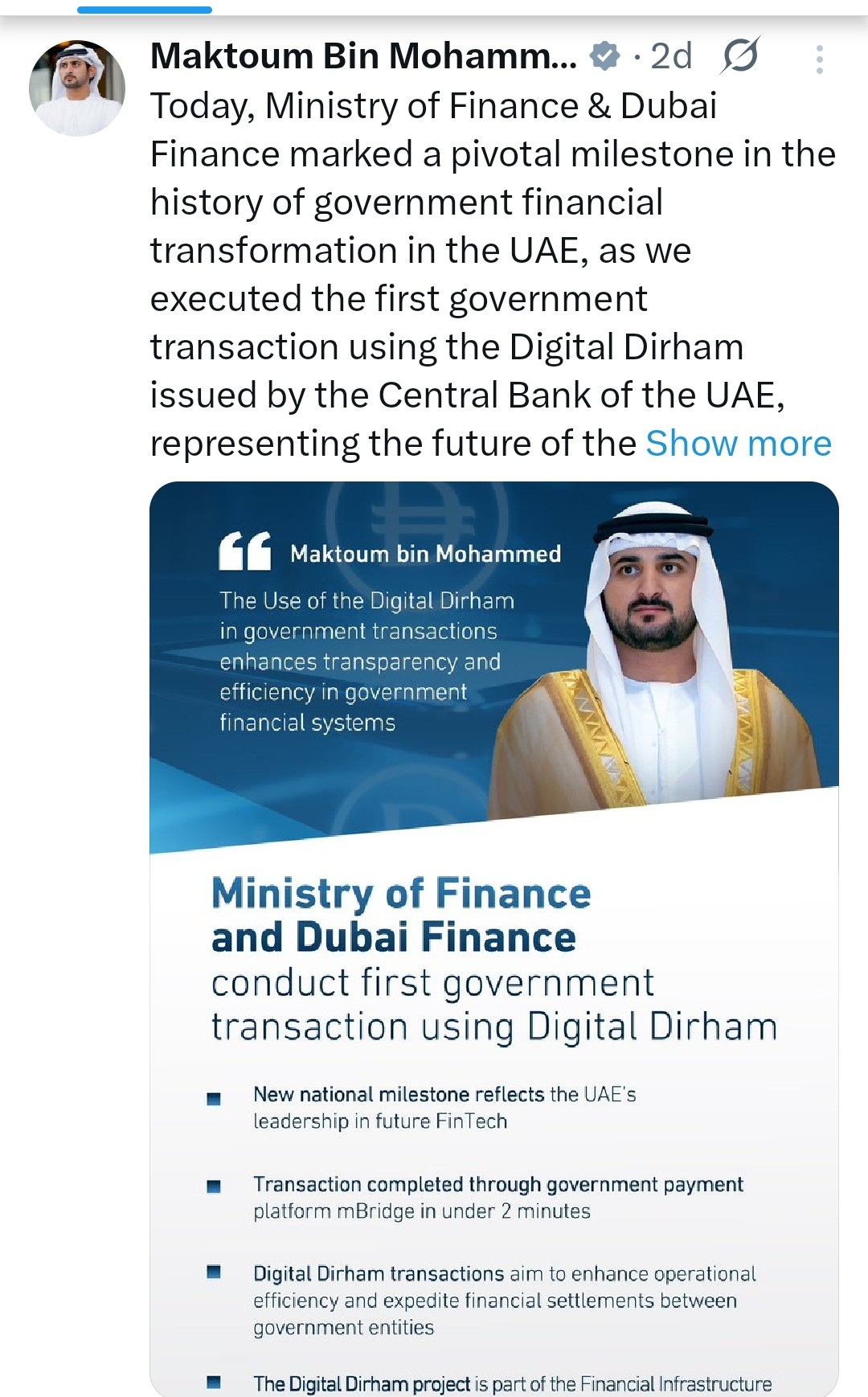 Minister of Finance of UAE informed about CBDC pilot project.