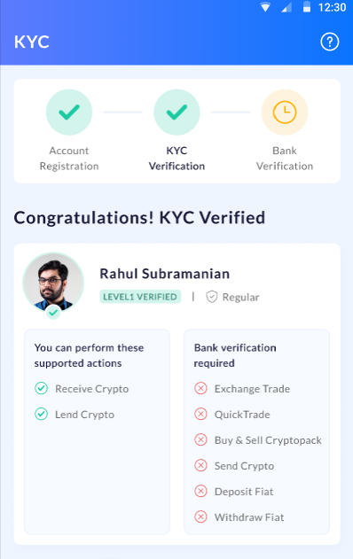 Auto KYC confirmation screen